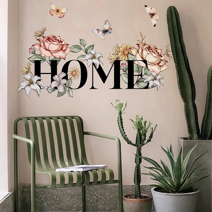 Home Floral and Butterfly Wall Stickers Waterproof Peel and Stick Removable Wall Decals for Bedroom Living Room Bathroom