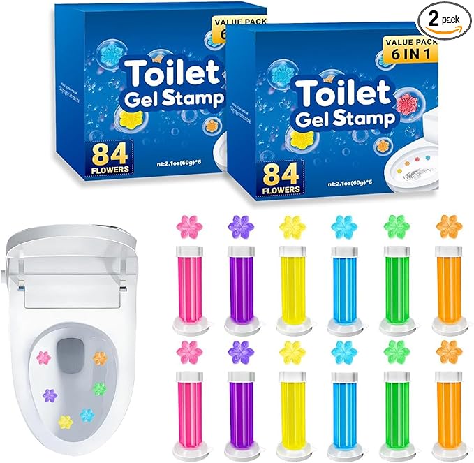 6 in 1 Toilet Gel Stamp, 168 Stamps (2 Boxes x 84 Flowers) - Automatic Toilet Cleaner & Freshener, No Scrub, 6 Scents, Long-Lasting, Easy Push Gel for Bathroom
