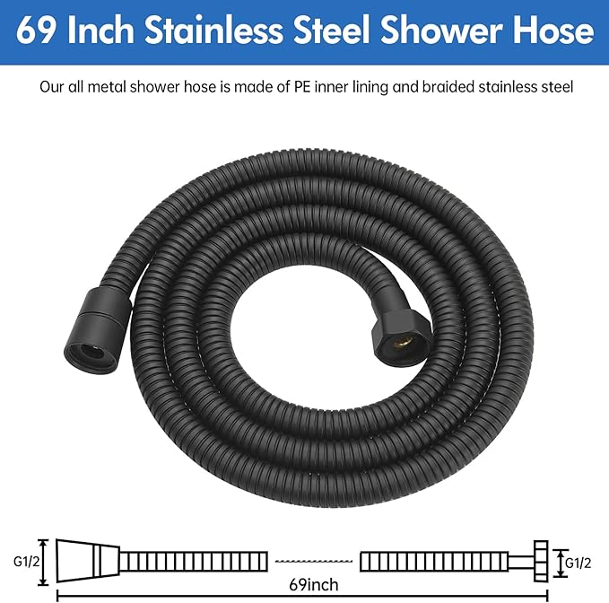 RUMOSE 69 inches Shower Hose Shower Head Extension Hose Extra Long Stainless Steel Shower Tube Attachment Flexible Handheld Shower Sprayer Hose, Matte Black