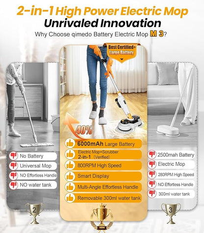 qimedo Battery Electric Mop M3, 800RPM Cordless Electric Power Scrubber & Mops for Floor Cleaning, Best Automatic Spin Mops with Smart Display,Rotating Mop with LED Light & Water Spray