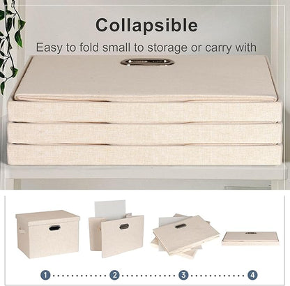 Large 17" 36 Quart Collapsible Stackable Storage Bins with Lids, 3 Packs Light Orange Linen Fabric Closet Boxes with Lids, Storage Cube Baskets Container Organizers for Office (17x12x11)