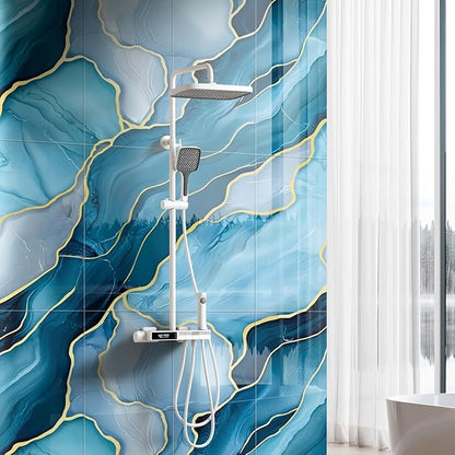 Chejiaye 10pcs Marble Peel and Stick Waterproof Wall Panels,Heat-Resistant Backsplash Tile, 23.6"x11.8" PVC Foam Wall Sticker for Kitchen,Living Rooms,TV Walls,Blue Wave (Not Real Tile 19.4Sq. Ft.)