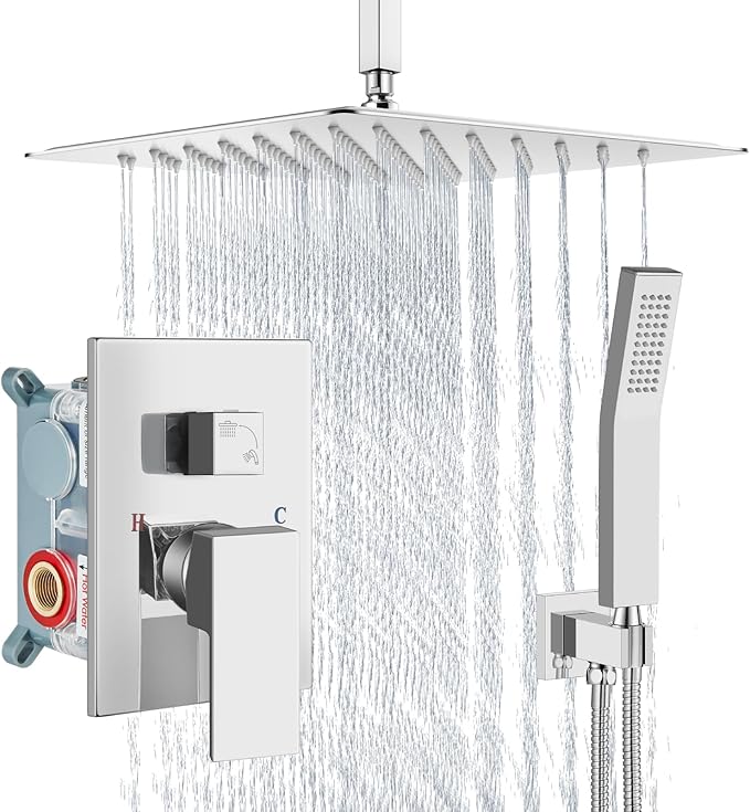 Aolemi Ceiling Mount Shower System Rain Shower Head with Handheld Spray High Pressure Shower Faucet Set Rough-in Valve Shower Trim Kit Included Bathroom Polish Chrome 16 Inch Ceiling Shower Head