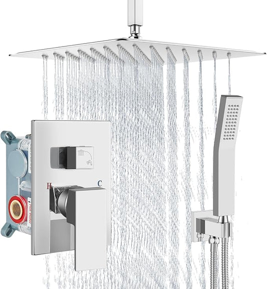 Aolemi Ceiling Mount Shower System Rain Shower Head with Handheld Spray High Pressure Shower Faucet Set Rough-in Valve Shower Trim Kit Included Bathroom Polish Chrome 16 Inch Ceiling Shower Head