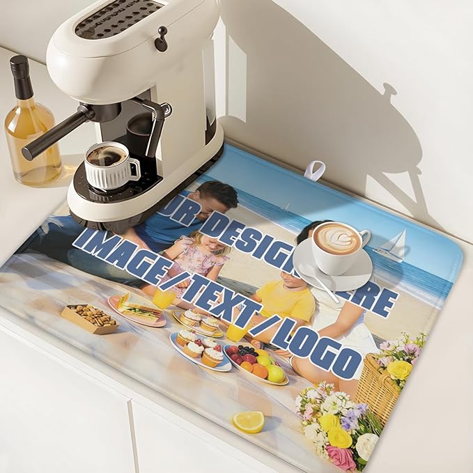 Custom Dish Drying Mat for Kitchen Counter Design Your Photo Text Business Logo 18 x 24 Inch Dish Drainer Mat Absorbent Microfiber for Coffee Bar Kitchen Dining Counter Decor