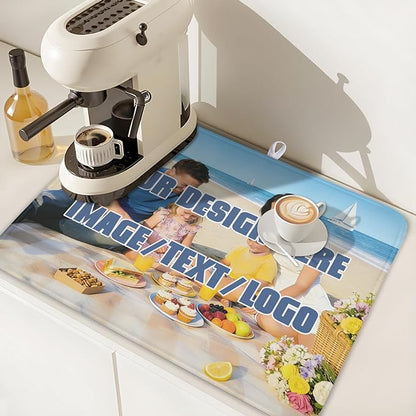 Custom Dish Drying Mat for Kitchen Counter Design Your Photo Text Business Logo 18 x 24 Inch Dish Drainer Mat Absorbent Microfiber for Coffee Bar Kitchen Dining Counter Decor