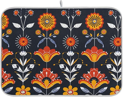 Floral Pattern Traditional Folk Art Dish Drying Mat for Kitchen Counter Absorbent Microfiber Drying Pad, Large 18x24 in, Reversible Drainer Mats