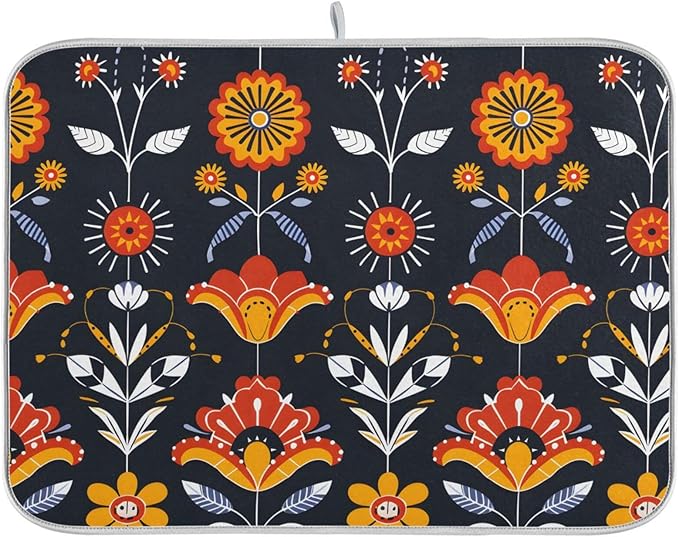 Floral Pattern Traditional Folk Art Dish Drying Mat for Kitchen Counter Absorbent Microfiber Drying Pad, Medium 16x18 in, Reversible Drainer Mats