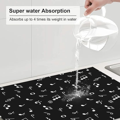 Music Notes Dish Drying Mat for Kitchen Counter Musicial Dish Drainer Rack Mats 16x18 Inches Absorbent Reversible Black Drying Pad