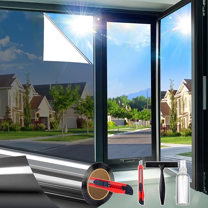 One Way Window Privacy Film See Out Not in, Window Tint for Home, Reflective Mirror Glass Windows Coverings Sun Heat UV Blocking, Black-Silver, 29.5 inch x 78.74"