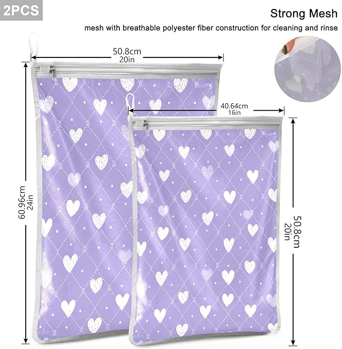 Mesh Laundry Bags Lingerie Bags for Washing Delicates 2 PCS Durable Wash Bag with Zipper Small and Medium Washable Diamond Grid Purple Hearts
