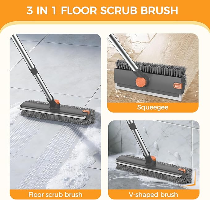 SetSail Floor Scrub Brush, 3 in 1 Floor Scrub Brush with 54-in Adjustable Long Handle and Scraper Heavy Duty Stiff Bristle Floor Scrubber for Cleaning Shower Bathroom Kitchen Patio Garage, Grey&Orange