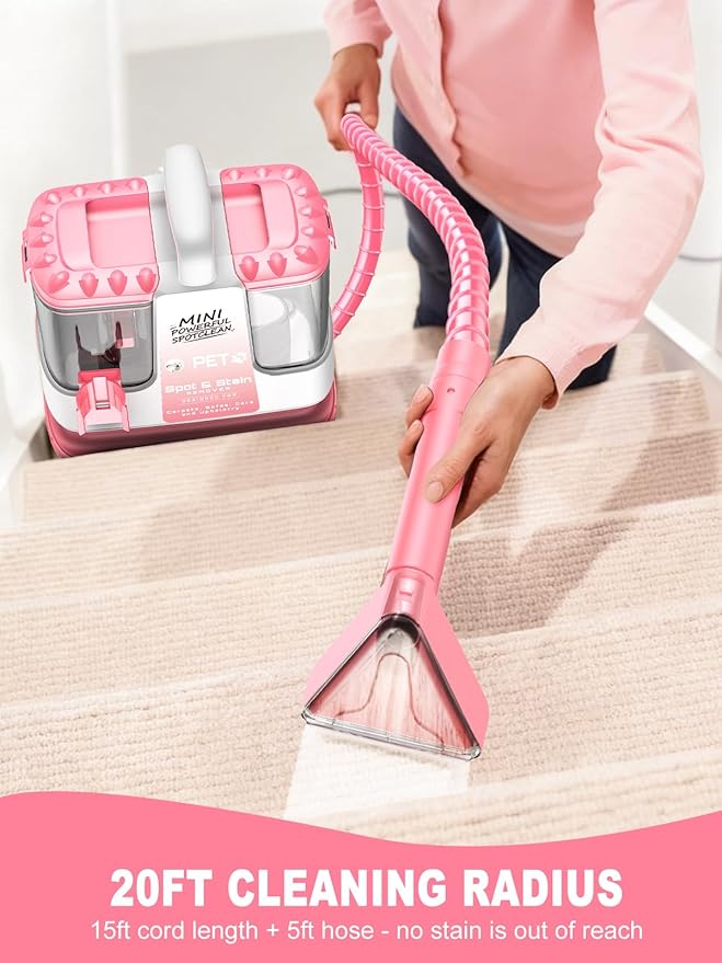 Portable Carpet & Upholestery Cleaner Machine for Pets, Spot, Stain, Couch Cleaner Machine with Powerful Suction and and Cleaning Solution, Car/Auto Detailer, Lightweight Compact Design, Pink