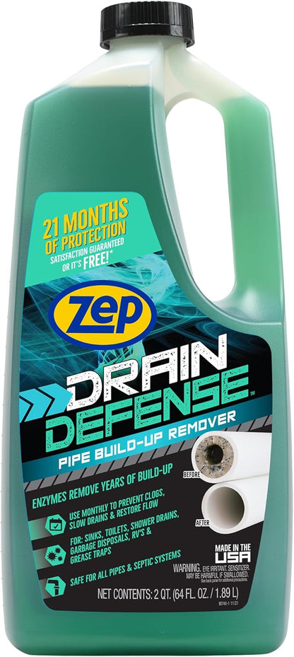 Zep Drain Defense Pipe Build-Up Remover - 64 oz (Case of 4) ZLDC64 - Professional Strength Liquid Pipe Build Up Remover