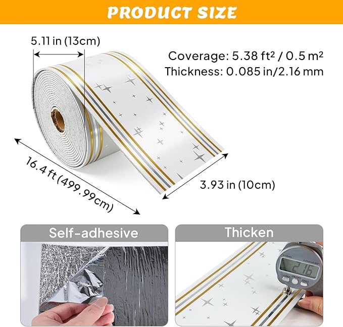 Peel and Stick Baseboard Trim, 3.93" x 196.8" Mirror Border, Self-Adhesive Wallpaper Borders for Bathroom, Kitchen & Living Room, Easy Installation, 1 Roll