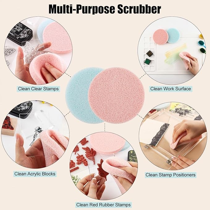 BAOFALI 4 Pcs/Set Stamp Scrubber,Stamp Cleaning Sponge,Ink Removing Tool for Applicable to Stamp Cleaning Cloth Stamps Rubber Stamps,Stamp Positioners and Craft Supplies Tool （Pink,Light Blue）