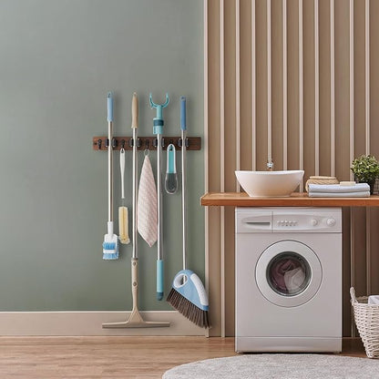 OUTNILI Mop and Broom Holder Wall Mount - Rustic Wood Broom Mop Hanger - Wall Mounted Garden Tool Rack Organizer for Closet Garage Laundry Room Kitchen Decor With 4 Slots & 4 Hooks
