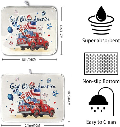 4th of July Drying Mat for Kitchen Counter 18 x 24 Inch US Independence Day Patriotic Truck Dish Drying Mat Polyester American Flag Dish Drainer Mat Super Absorbent Dish Rack Pad for Coffee Bar Sinks