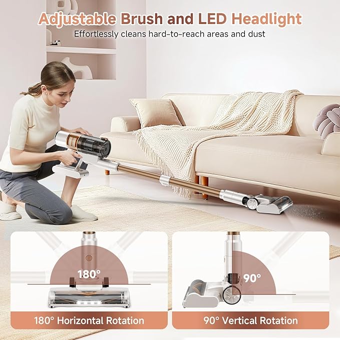 Cordless Vacuum Cleaner - 40KPA Powerful Suction Cordless Stick Vacuum Cleaners for Home, Anti-Tangle Brush, Lightweight, 6-in-1 Rechargeable Vacuum for Pet Hair/Carpet/Hard Floor(Off-White)