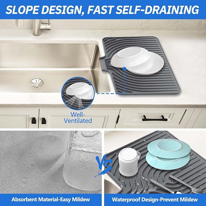 Silicone Sponge Holder for Kitchen Sink With Drain Spout, Self Draining, Kitchen Soap Tray, Bathroom Organizer, Sink Caddy, Perfect for Dispenser, Scrubber, Bottle, Cup on Counter (Gray, 15×10)