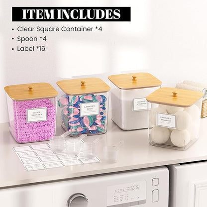 4 Pack Clear Laundry Pod Container, Laundry Room Organization Containers with Wooden Lids & Labels - Large Detergent Powder Storage for Room Organization, Scent Booster Holder