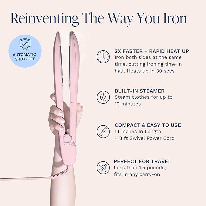 Nori Press Travel Steam Iron - Handheld Iron With Optional Steam Feature - No Ironing Board Required - Easy to Use w/ 6 Fabric Settings - Removes Wrinkles - User Manual Included -Pink