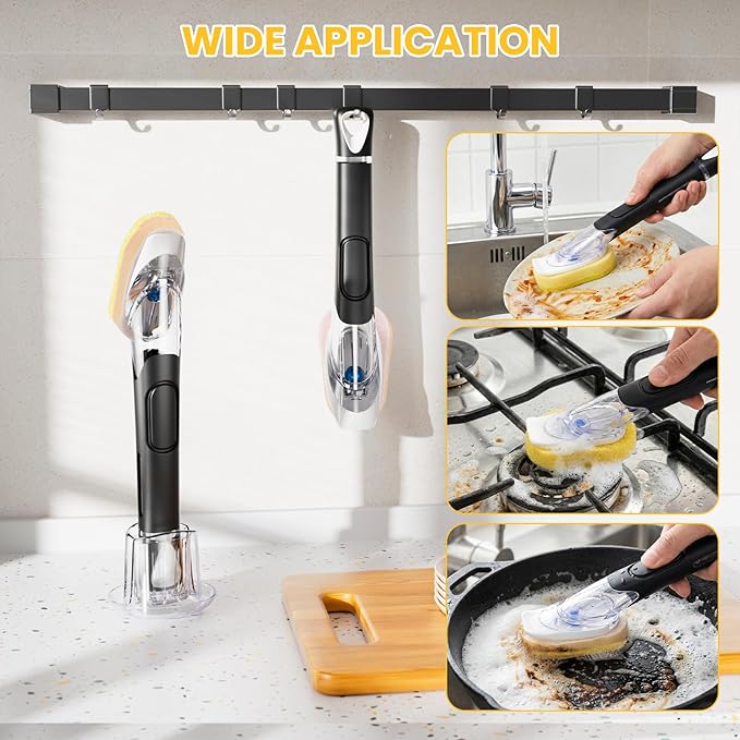 Soap Dispensing Replacement Dish Brush Storage Set with 10 PCS Sponge Refills & Holder - RIMAY Dispenser Scrub Cleaning Scrubber Kitchen Dishwashing Dish Wand Handle for Dishes/Pans/Pots/Sink(Yellow)