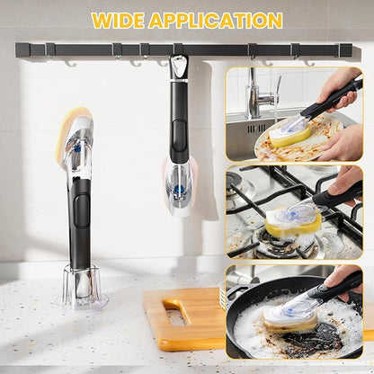 Soap Dispensing Replacement Dish Brush Storage Set with 10 PCS Sponge Refills & Holder - RIMAY Dispenser Scrub Cleaning Scrubber Kitchen Dishwashing Dish Wand Handle for Dishes/Pans/Pots/Sink(Yellow)