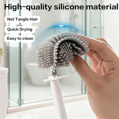 Silicone Toilet Brush Set with Corner Brush & Wall-Mounted Holder, No-Scratch Design with Drainage Holes, Adhesive Installation, White
