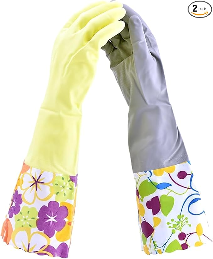 Household Gloves Latex Free Cleaning Grey and Yellow Gloves with Soft Lining Long Cuff 15" & Grip (2 Pair), Medium