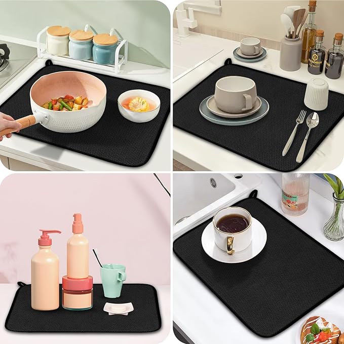 GeeRic Microfiber Dish Drying Mat, Super Absorbent Kitchen Dish Drying Pad, Reversible for Countertop, 15*20 inch Black