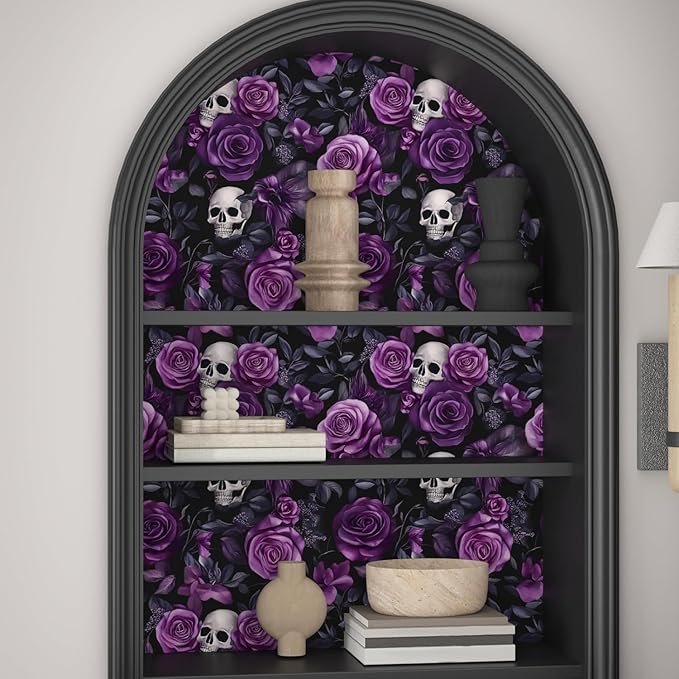 Purple Floral Wallpaper Peel and Stick, Dark Skull Contact Paper 17.5" x 118", Black Vintage Gothic Rose Flowers Wall Paper Self Adhesive Waterproof Removable for Bathroom Cabinet Drawer Table Decor