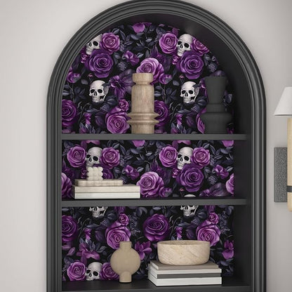 Purple Floral Wallpaper Peel and Stick, Dark Skull Contact Paper 17.5" x 118", Black Vintage Gothic Rose Flowers Wall Paper Self Adhesive Waterproof Removable for Bathroom Cabinet Drawer Table Decor