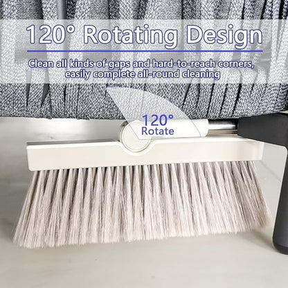 Triangular Indoor Broom and Dustpan Comb Set, 180° Rotating, Soft Bristle Long Handle Upright Sweeping Angled Broom with Self-Cleaning Teeth for Home, Kitchen, Office, Wood Floor (White Gray)