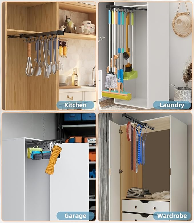 Pull Out Broom Holder With Adjustable Double Row Sliding Hook, Multifunctional Slide Broom And Mop Storage/Organizer Garage Organization Hooks, for Closet Laundry Garage Cupboard - 46cm/18.11inch