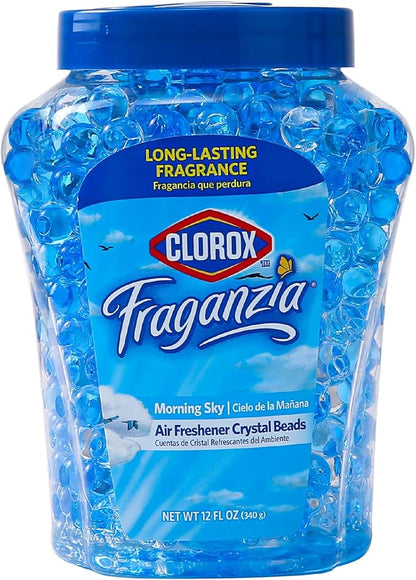 Clorox Fraganzia Crystal Beads Air Freshener, Long Lasting Room Deodorizer and Odor Eliminator Gel Beads to Freshen Home, Car, or Office, Morning Sky Scent, 12 Fl Oz - 6 Pack