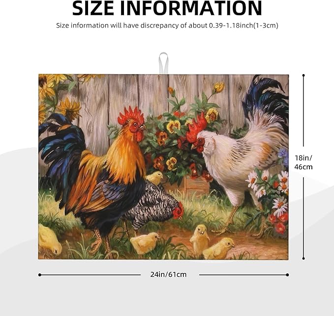 Chicken Family Dish Drying Mats for Kitchen Counter, Absorbent Reversible Microfiber Dish Drying Pad, Multi-Use Large Drying Mat Coffee Bar Accessories 18"x24"