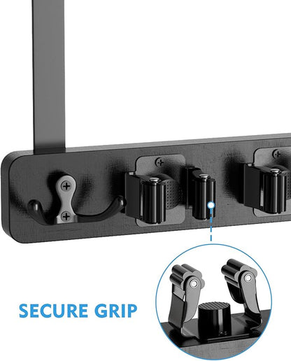 BS-VOG Over the Door Broom Holder, Mop and Broom Holder Door Mount, Hanging Organizer with 4 Racks & 2 Hooks, Wooden Hanger Storage Decor, Laundry Tool Organizer for Closet Garage, No Drills