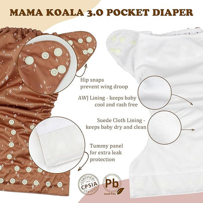 Mama Koala 3.0 Pocket Cloth Diapers for Babies with AWJ Lining, 6 Pack with 6 5-Layer Natural Cloth Diaper Inserts - Reusable and Washable Pocket Diapers(A-Calm Spring)