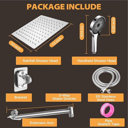 Shower Head,10”Rain Shower Head with Handheld Spray Combo with 11'' Angle Adjustable Extension Arm/Flow Regulator/Shower System,High Pressure Rainfall Shower Head Clean Bathroom,Matt Black