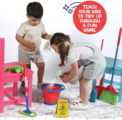 Play22 Kids Cleaning Set 12 Piece - Toy Cleaning Set Includes Broom, Mop, Brush, Dust Pan, Duster, Sponge, Clothes, Spray, Bucket, Caution Sign, - Toy Kitchen Toddler Cleaning Set - Original