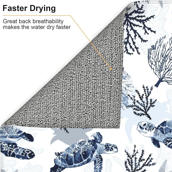 Nautical Blue White Sea Turtle & Coral Dish Drying Mats for Kitchen Counter 16 x 18 Inch, Decorative Navy Blue Dishes Pad Dish Drainer Rack Mats, Foldable Microfiber Washable Absorbent, Kitchen Decor