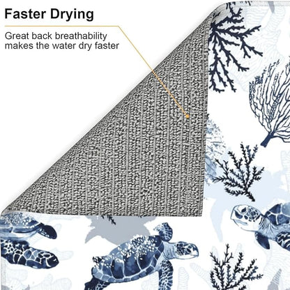 Nautical Blue White Sea Turtle & Coral Dish Drying Mats for Kitchen Counter 16 x 18 Inch, Decorative Navy Blue Dishes Pad Dish Drainer Rack Mats, Foldable Microfiber Washable Absorbent, Kitchen Decor