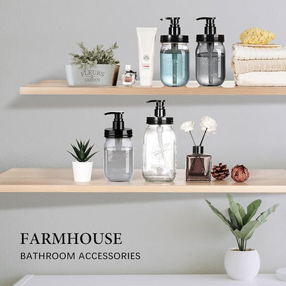 Amolliar Plastic Mason Jar Soap Dispenser with Pump Lid,16OZ Refillable Hand Soap Dispenser Set with Cute Lables, Farmhouse Decor for Kitchen Bathroom, Liquid Soap, Dish Soap (2 Pack, Black)
