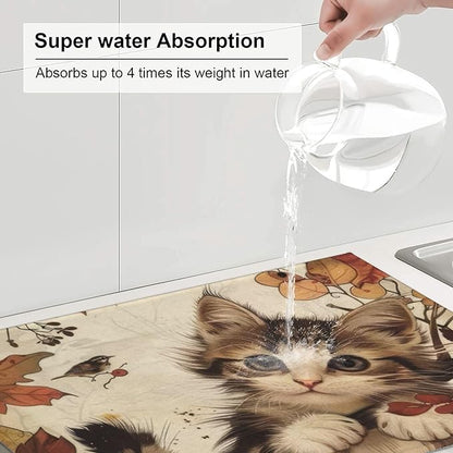 Cute Cat Dish Drying Mats for Kitchen Counter, Absorbent Reversible Microfiber Dish Drying Pad, Multi-Use Large Drying Mat Coffee Bar Accessories 18"x24"