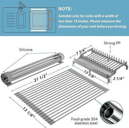 Upgraded Roll Up Dish Drying Rack(21.5” x 13.1”) Over Sink Dish Drainer Foldable Stainless Steel Trivet for Kitchen Countertop