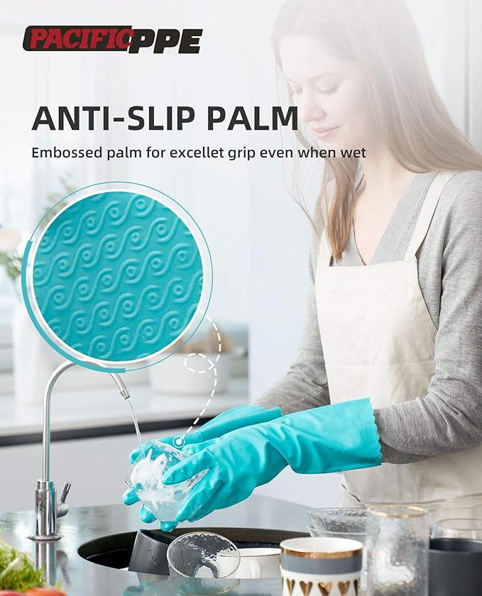 PACIFIC PPE Cleaning Gloves with Latex free, Dishwashing Kitchen Gloves with Cotton Flocked Liner, Reusable, Non-Slip, Water Resistant Household Gloves, Green, Medium