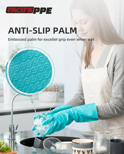 PACIFIC PPE 4 Pairs Reusable Dishwashing Cleaning Gloves with Latex Free, Cotton Lining, Kitchen Gloves, Green, Large