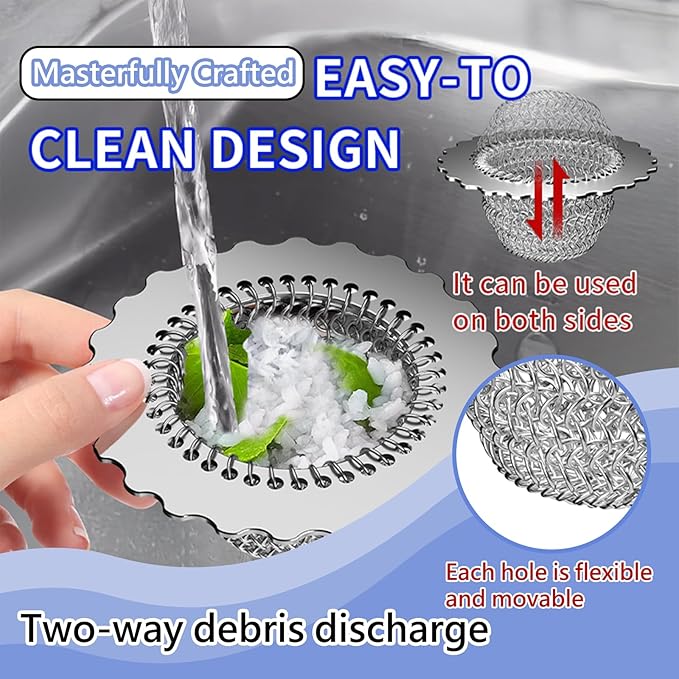 Kitchen Sink Drain Strainer, Patented 304 Stainless Steel Reversible Mesh Strainer with Flexible Chain, Handcrafted Anti-Clog Garbage Disposal Tool, Easy to Clean - 2 Pack