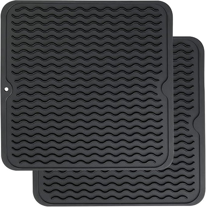 ZLR 2 Pcs Silicone Dish Drying Mat 12" x 12" Square - Small Heat Resistant Trivet & Countertop Protector for Air Fryer, Coffee Maker - Waterproof Kitchen Drain Pad for Cups, Fruit (Black)